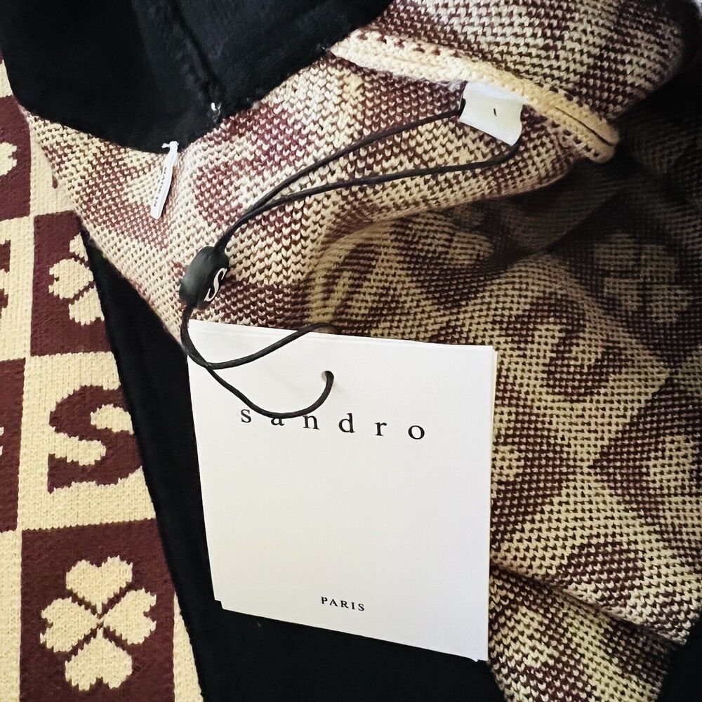 SANDRO Brown Beige Long Coatigan With Jacquard Pattern - 1 (Small) - Picture 3 of 6